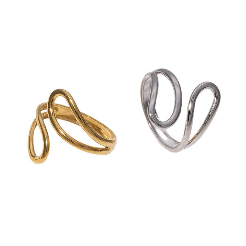 Anello aperto minimalista geometrico in acciaio inossidabile da donna con finitura placcata e design dalle linee pulite
