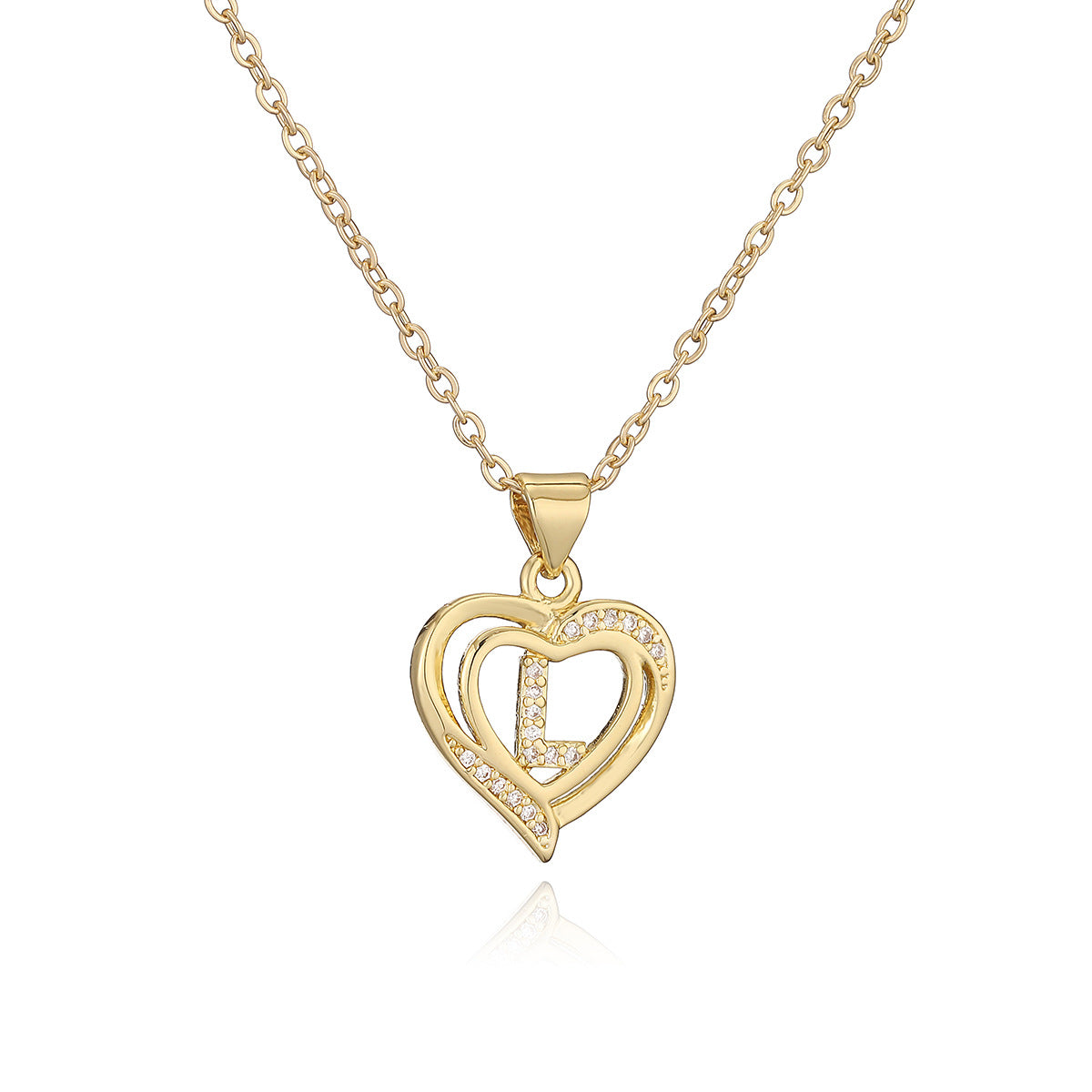 Collana con Pendente Minimalista in Rame, Placcatura in Oro 18K e Dettagli in Zircone a Forma di Cuore e Lettera per Donne