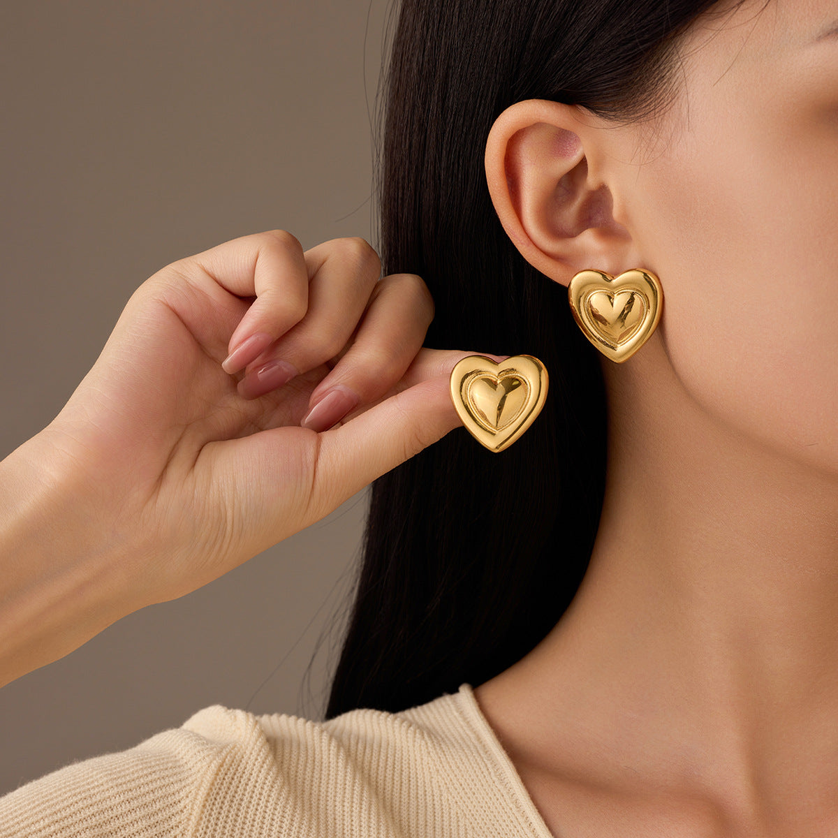 Pendientes de acero inoxidable de moda con forma geométrica de corazón y cuadrado, con acabado chapado, para mujer