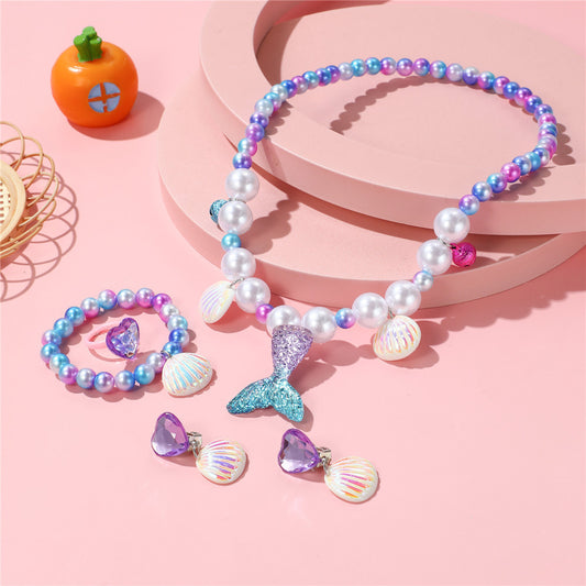Cartoon Mermaid Amethyst Crystal Resin Charm Bar Necklace for Kids