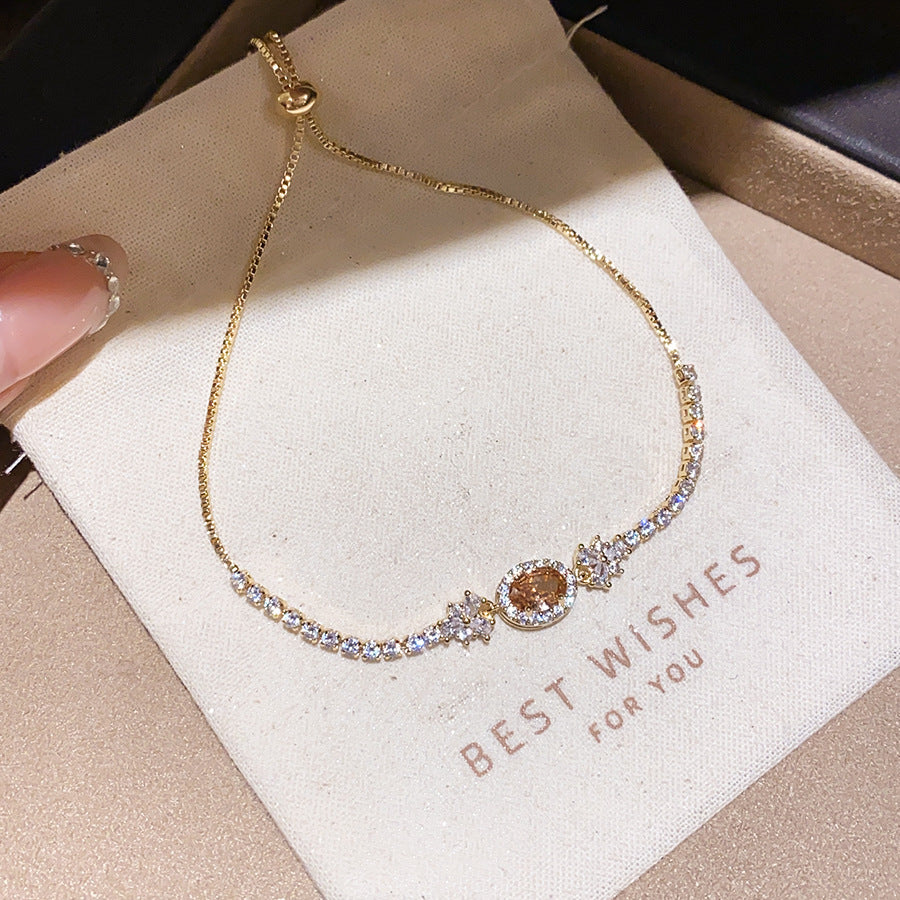 Luxury Elegant Oval Geometric Cubic Zirconia Inlaid Brass Bracelet for Women