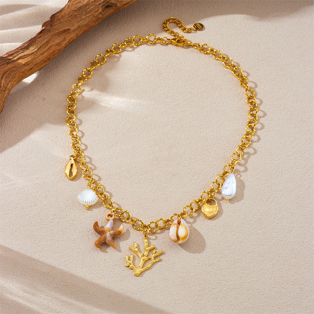 Collana con Pendente Vintage da Donna a Stella Marina e Alghe Ispirata all'Oceano, in Acciaio Inox con Finitura Placcata e Catena a O