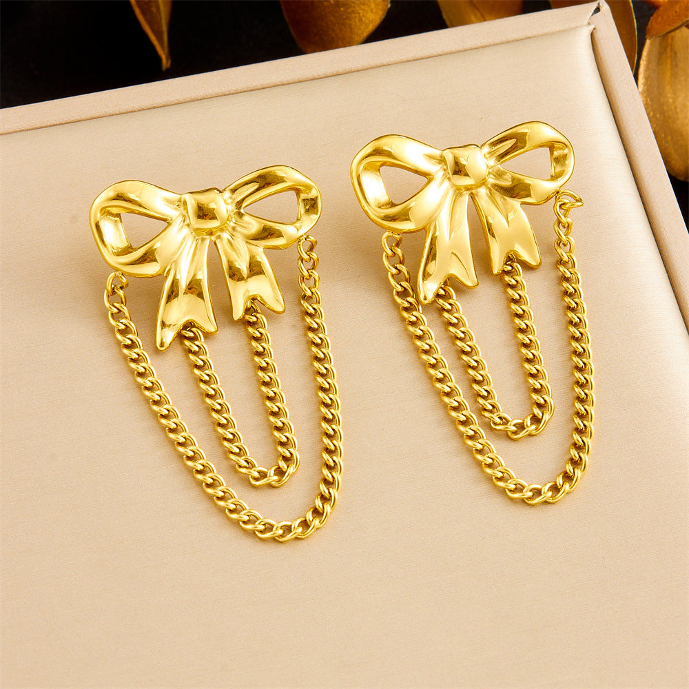 Gold Plated Rhinestone Heart Floral Bow Tassel Stainless Steel Earrings for Women