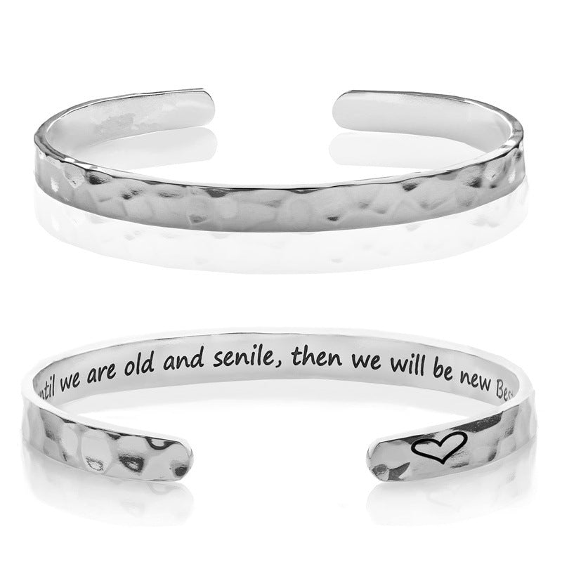 Minimalist Stainless Steel Engraved Open Moon Surface Textured Hammered Bracelet