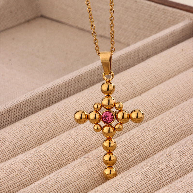 Collana Vintage Placcata Oro a Croce in Acciaio al Titanio con Ciondolo Zirconia Cubica e Catena a Cavo