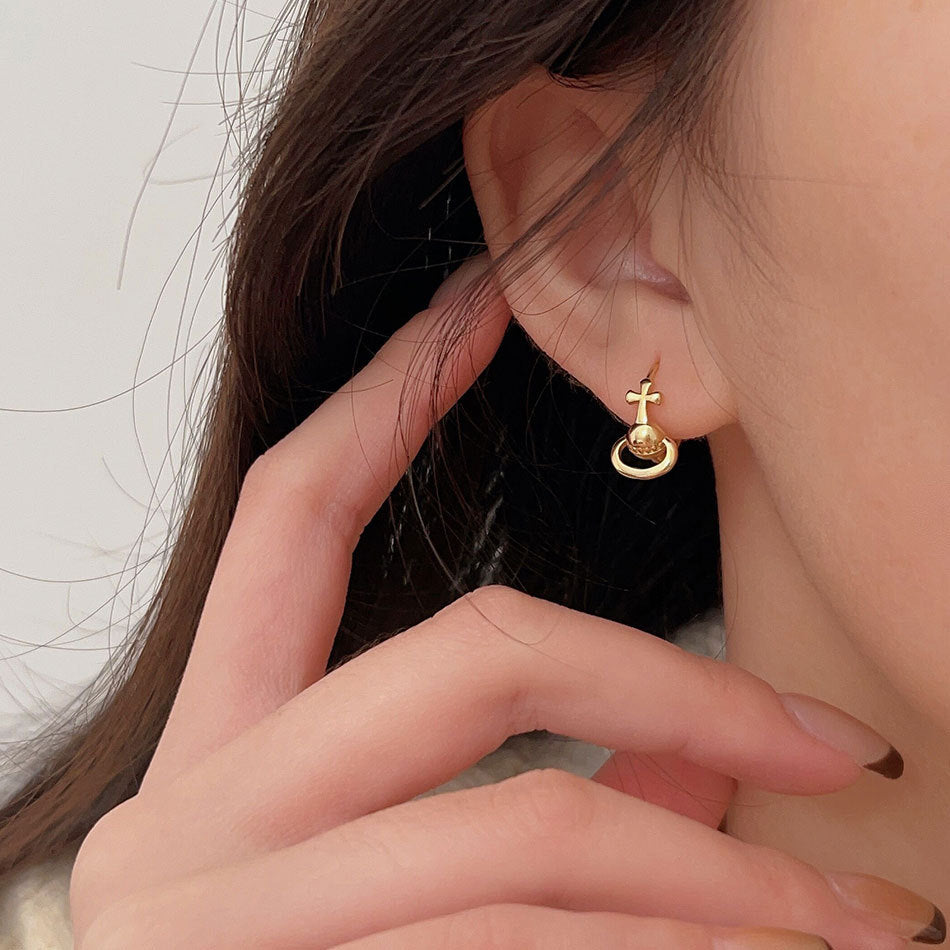 Minimalist Saturn Cross Earrings in 925 Sterling Silver with Polished Finish for Women