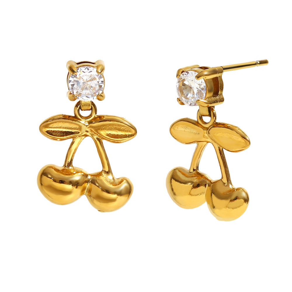 Cherry-Shaped Fashionable Stainless Steel Earrings with 18K Gold Plating and Zircon Accents for Women