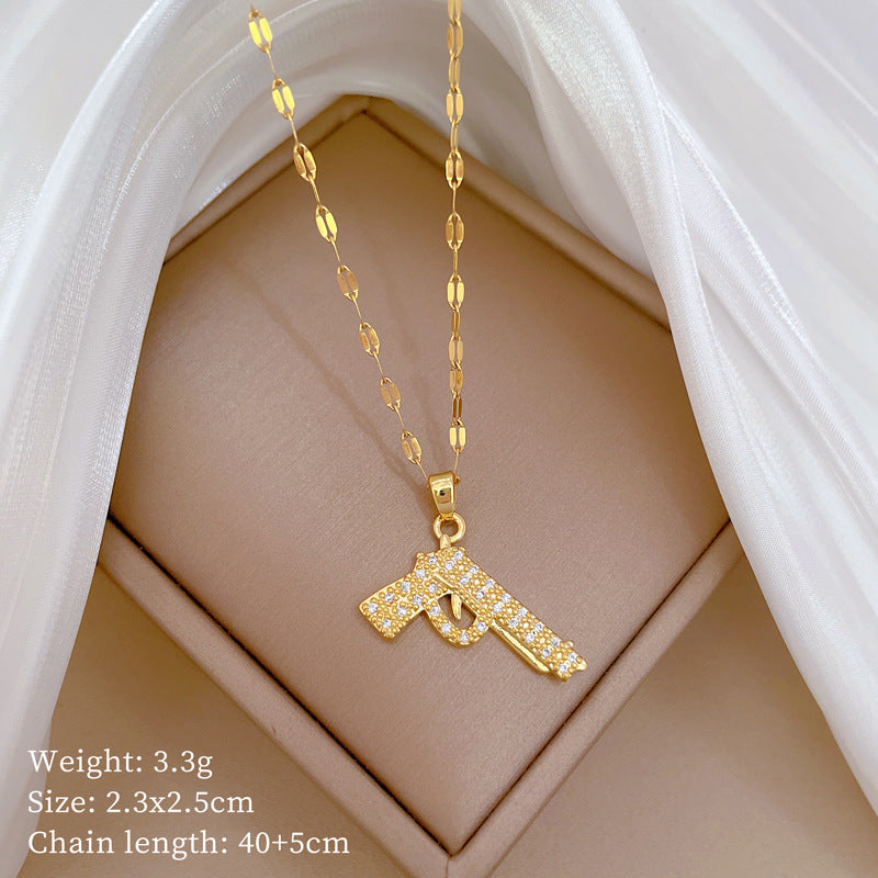 Four-Leaf Clover Rhinestone Pendant Necklace for Women Titanium Steel Irregular Chain Shell Locket Floral Style