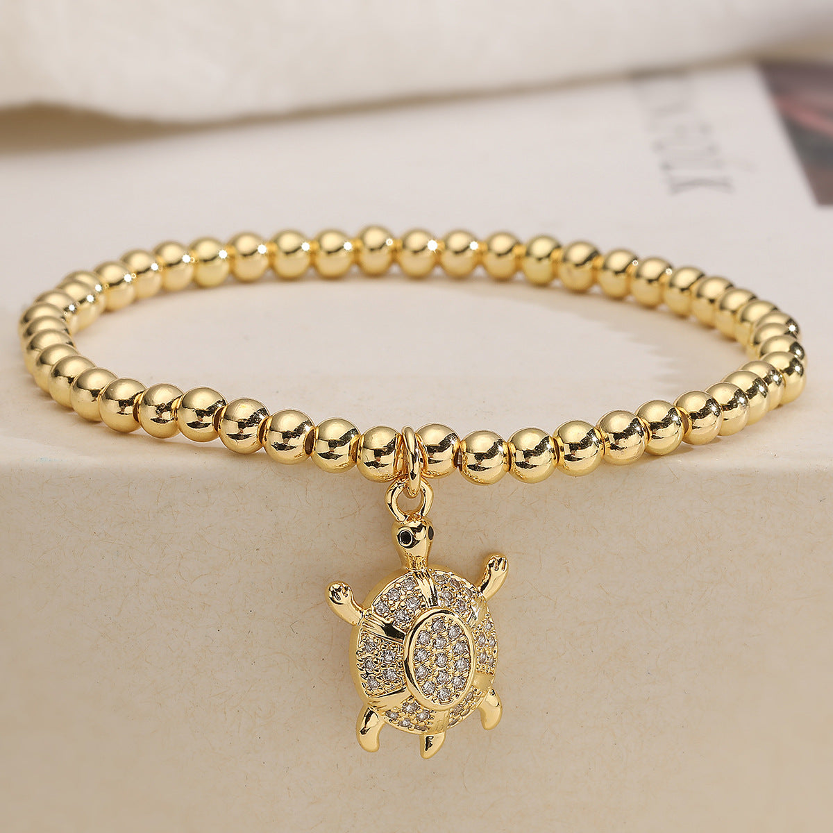 Fashion Cute 18K Gold Plated Cubic Zirconia Turtle Animal Brass Ball Chain Bracelet for Women