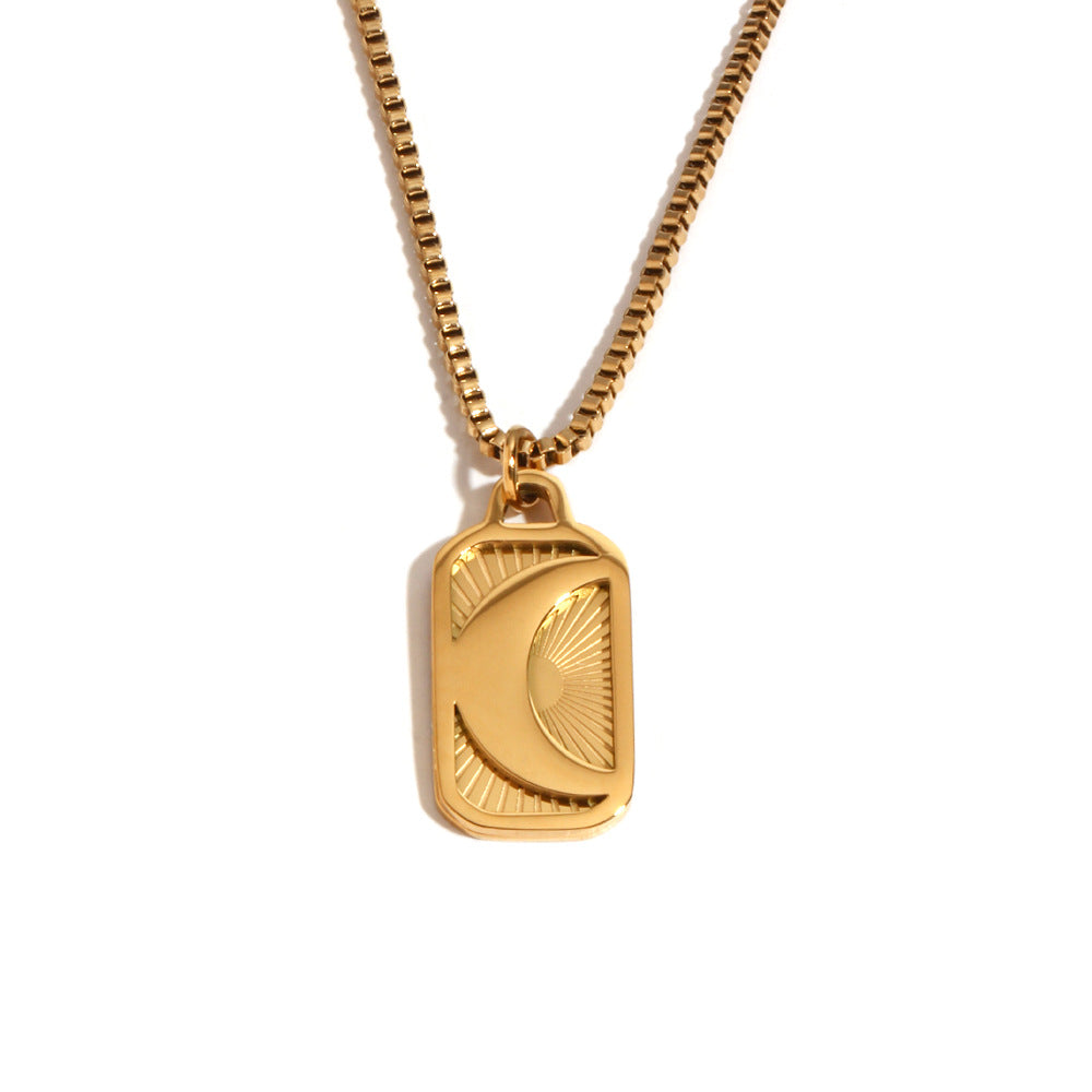 Minimalist Geometric Pendant Necklace for Women Stainless Steel with 18K Gold Plating and Engraved Moon Charm