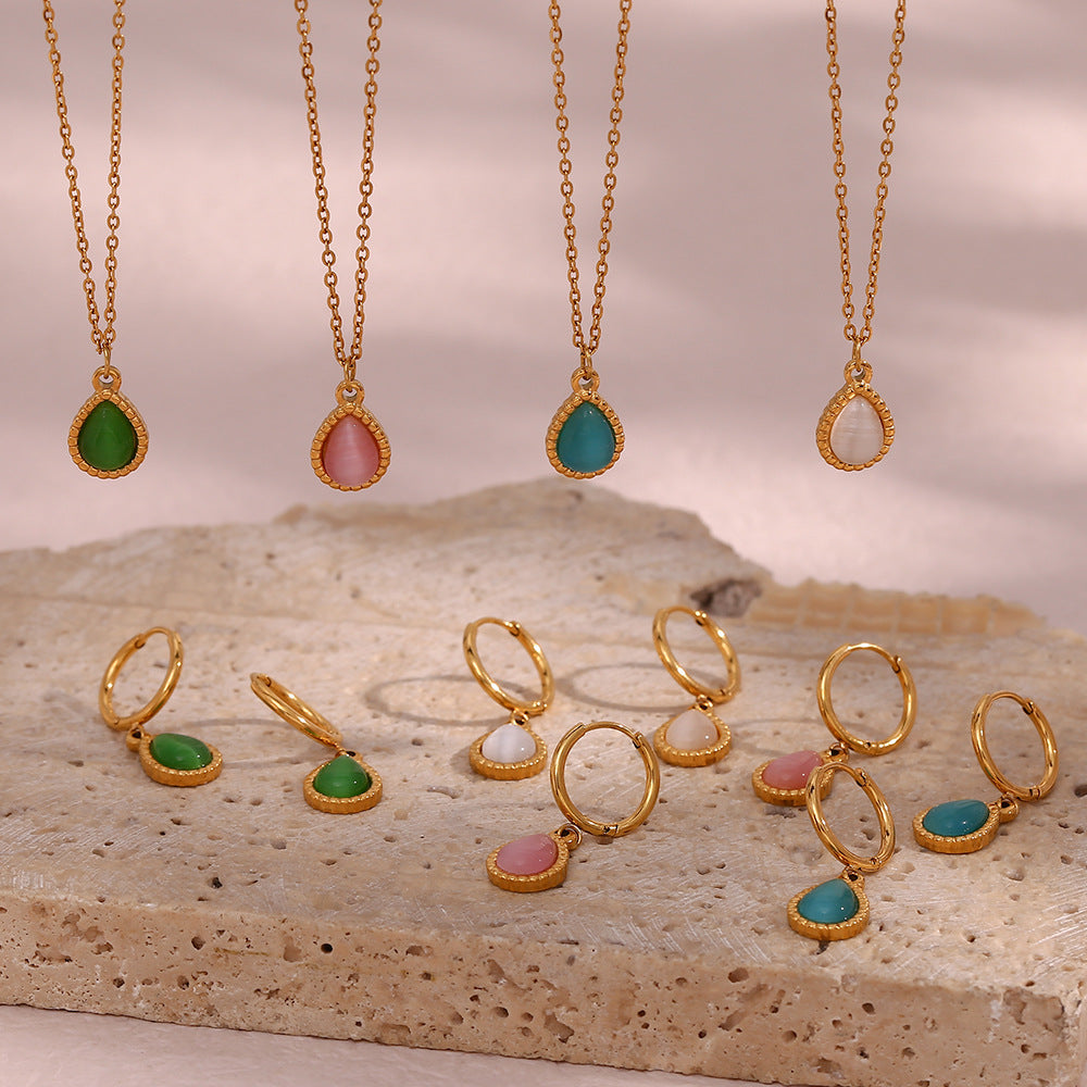 Collana con Pendente a Goccia in Pietra Occhio di Gatto, Stile Minimalista, in Acciaio Inossidabile Placcato Oro, da Donna
