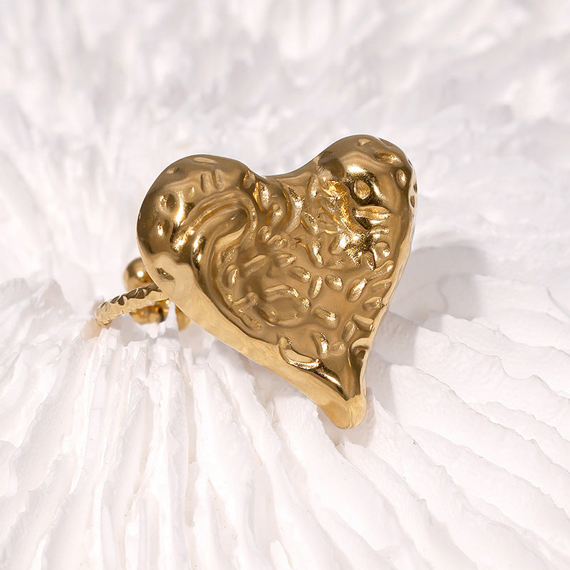 Minimalist Hammered Textured Heart Shaped 18K Gold Plated Stainless Steel Open Ring for Women