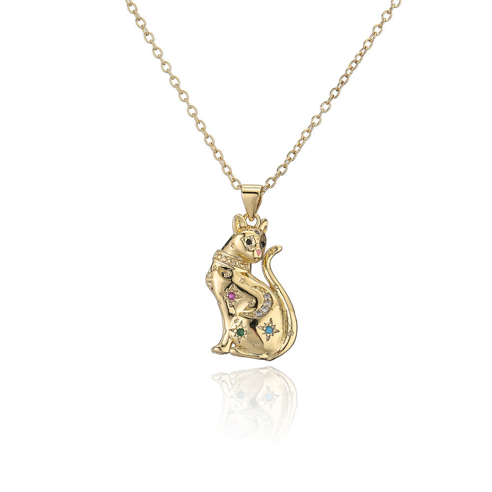 Minimalist Tiger Animal Pendant Necklace in Copper with Gold Plating and Micro-Pave Zirconia
