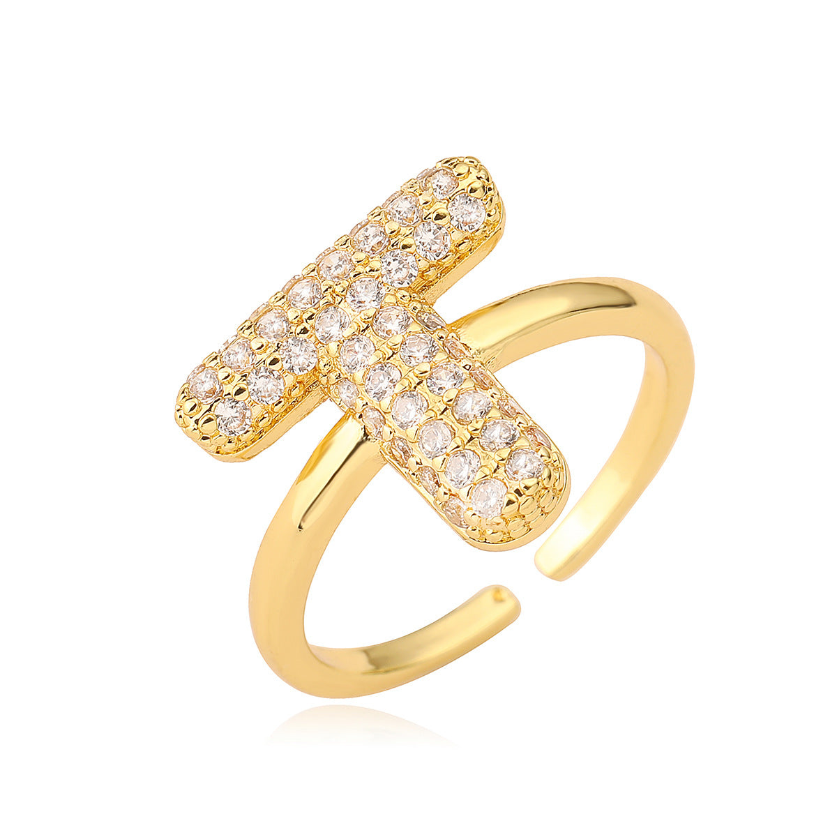Anillo de cobre minimalista de forma geométrica con letras, chapado en oro de 18K y detalles de circonita para mujer