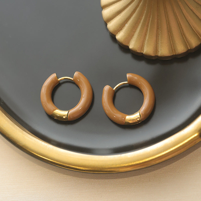 Pendientes de aro en forma de U de acero titanio esmaltado retro francés elegante para mujer en azul esmeralda y burdeos