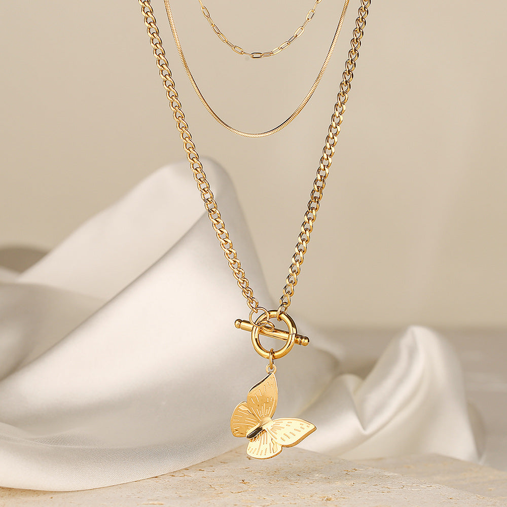 Multi-Layer Chain OT Clasp Butterfly Pendant Titanium Steel Necklace