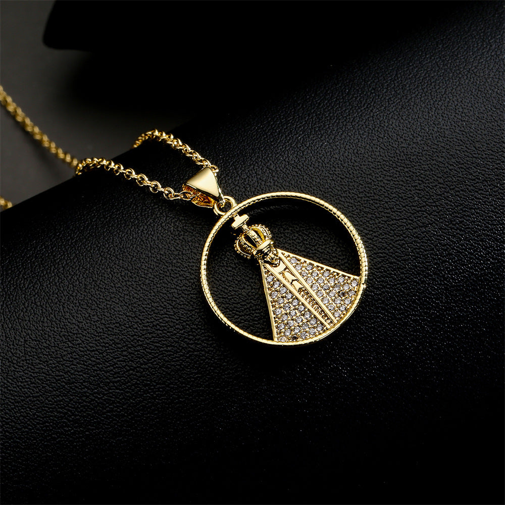 Geometric Pendant Necklace in Copper with Rhinestone Inlay and Gold Plating