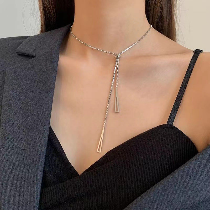 Elegant Triangle Adjustable Layered Necklace for Women Stainless Steel Long Pendant Chain with Tassel and Daisy Motif