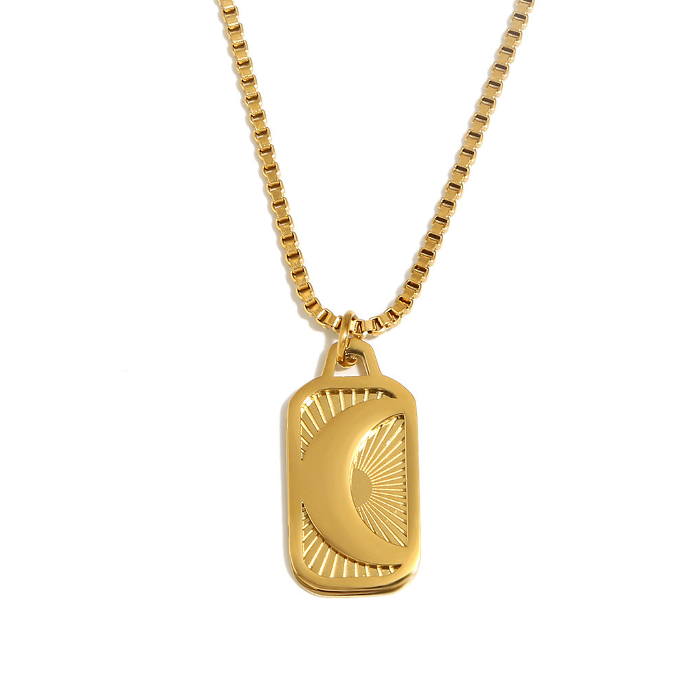 Geometric Moon and Sun Pendant Necklace for Women Stainless Steel with 18K Gold Plating Box Chain