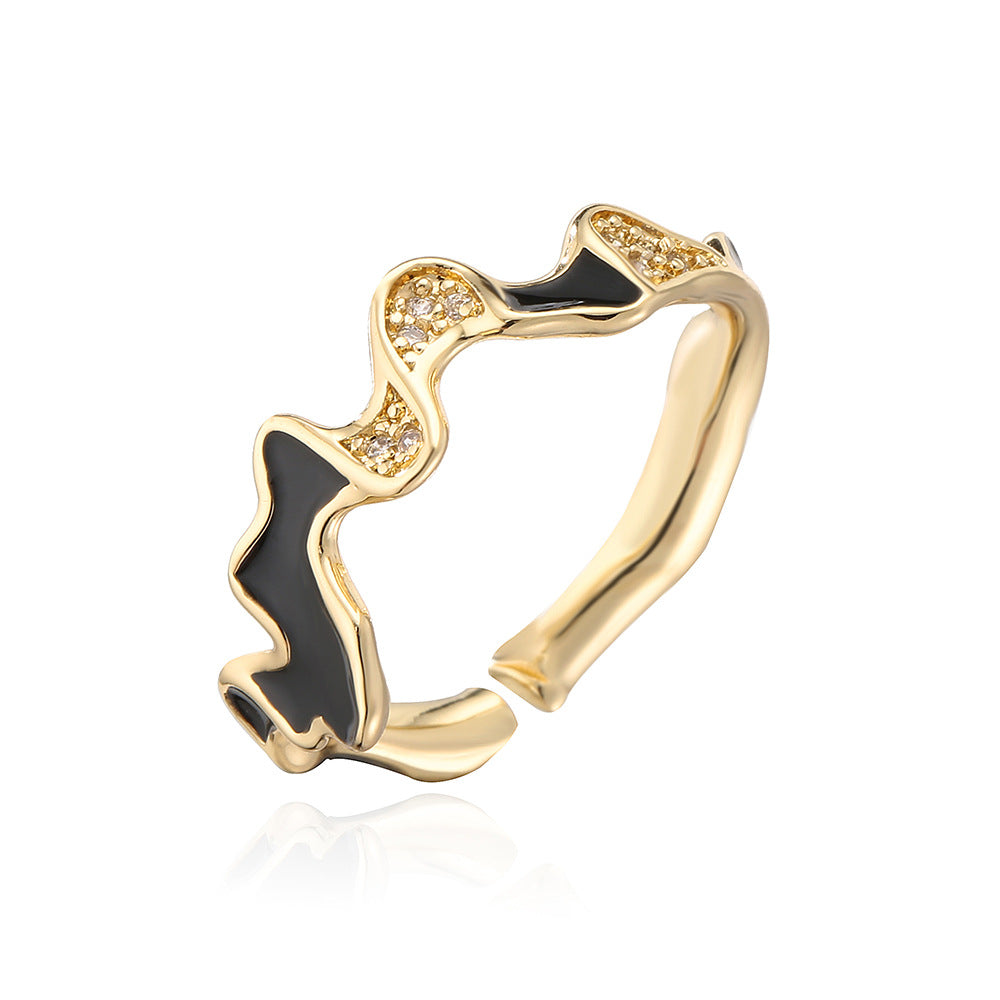 INS Style Irregular Geometric Open Ring for Women Made of Copper with 18K Gold Plating and Enamel-Set Zirconia
