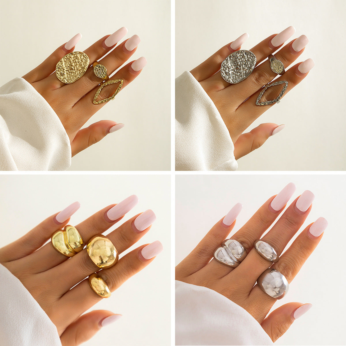 Geometric Plated Zinc Alloy Ring Set for Women