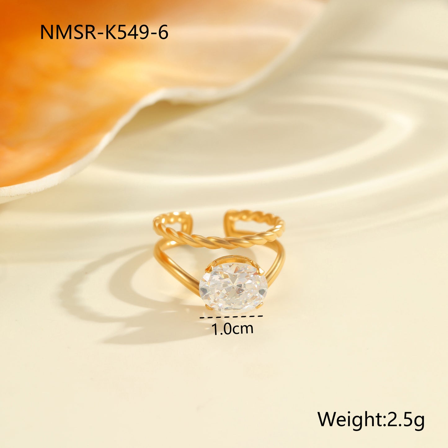 Luxury Geometric Stainless Steel Ring with Zircon Inlay and 18K Gold Plating Adjustable Women's Fashion Ring