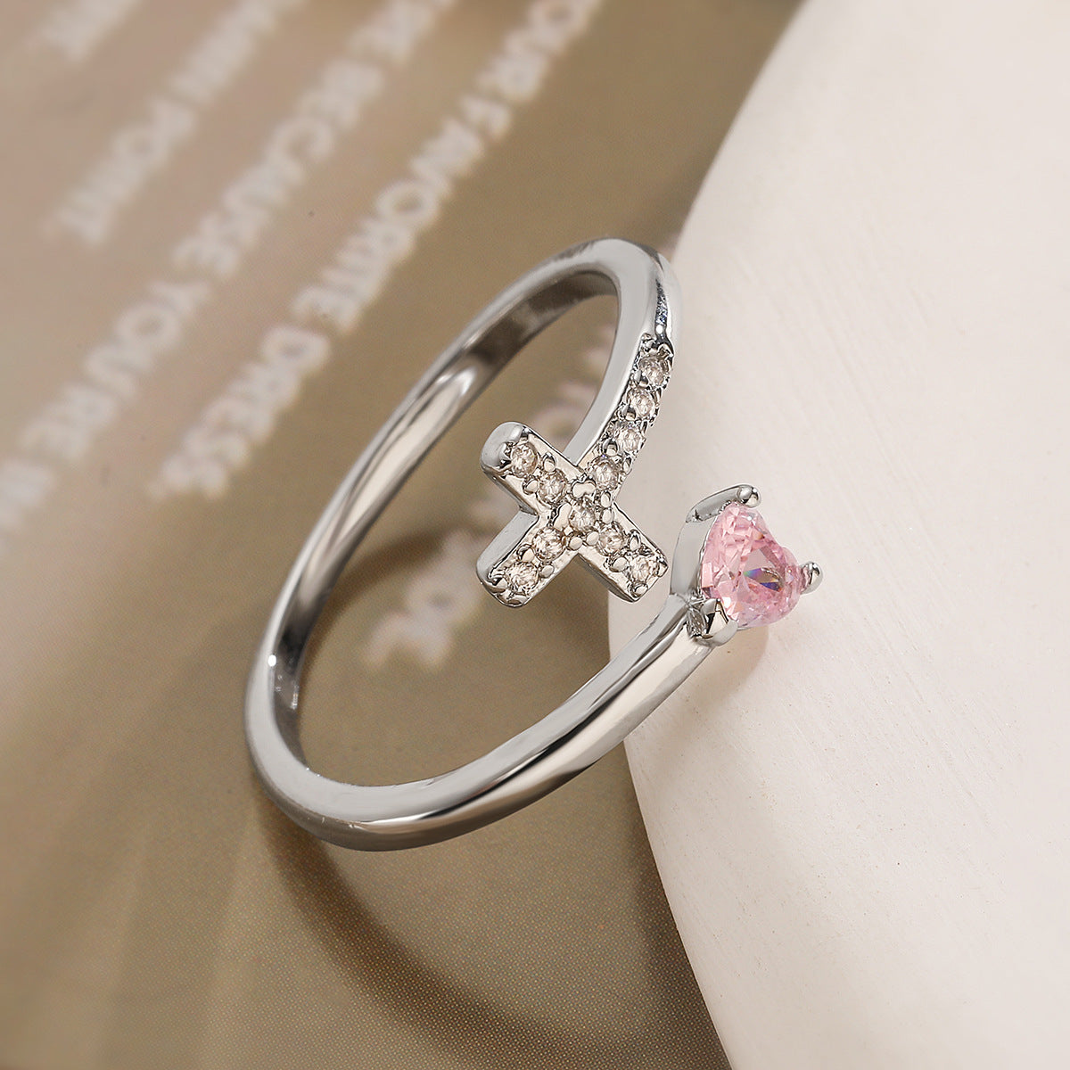 Minimalist 18K Gold Plated Brass Micro-inlay Cubic Zirconia Heart Cross Geometric Open Ring for Women