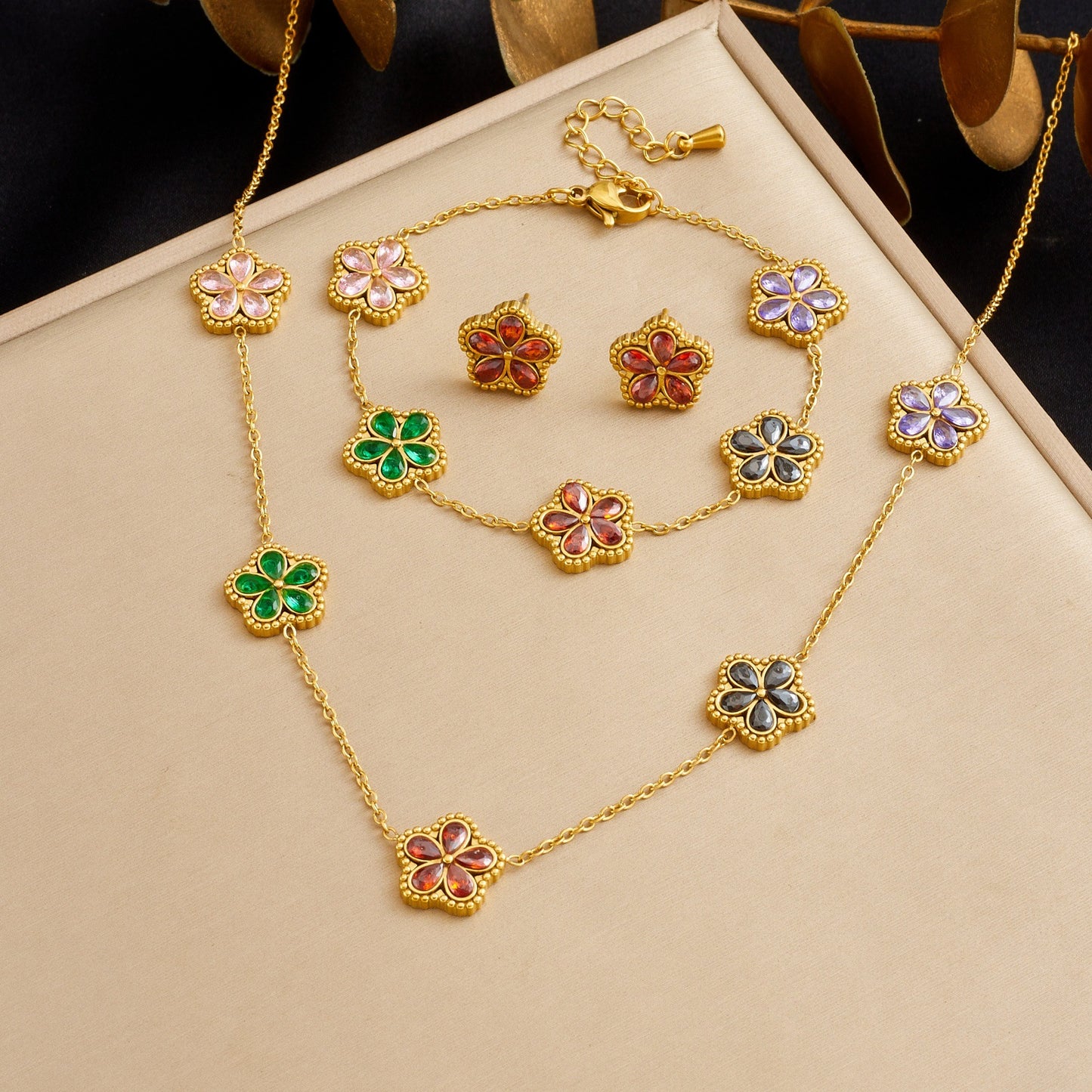 Vintage Luxury Gold Plated Stainless Steel and Acrylic Star Flower Pendant Set with Rhinestone for Women