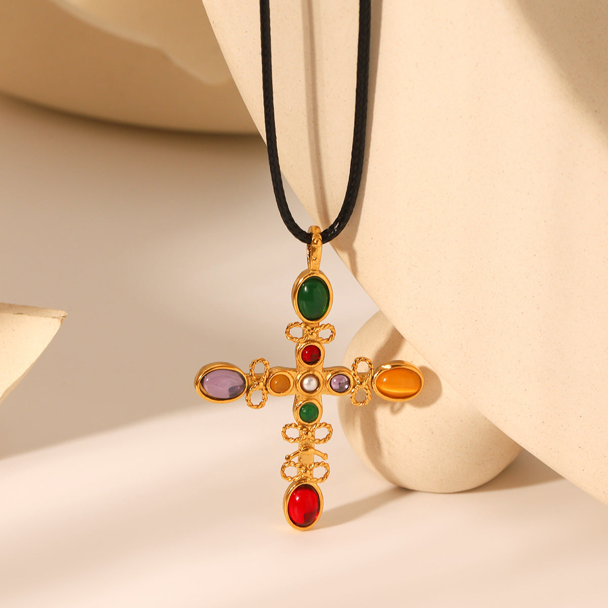 Collana con ciondolo a croce stile vintage in acciaio inossidabile con intarsio in pietra naturale da donna