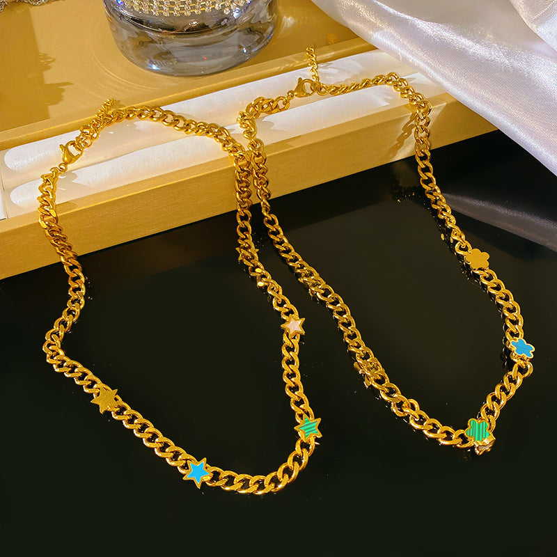 Luxury Cuban Link Chain Titanium Steel Star Necklace Plated Unisex Jewelry