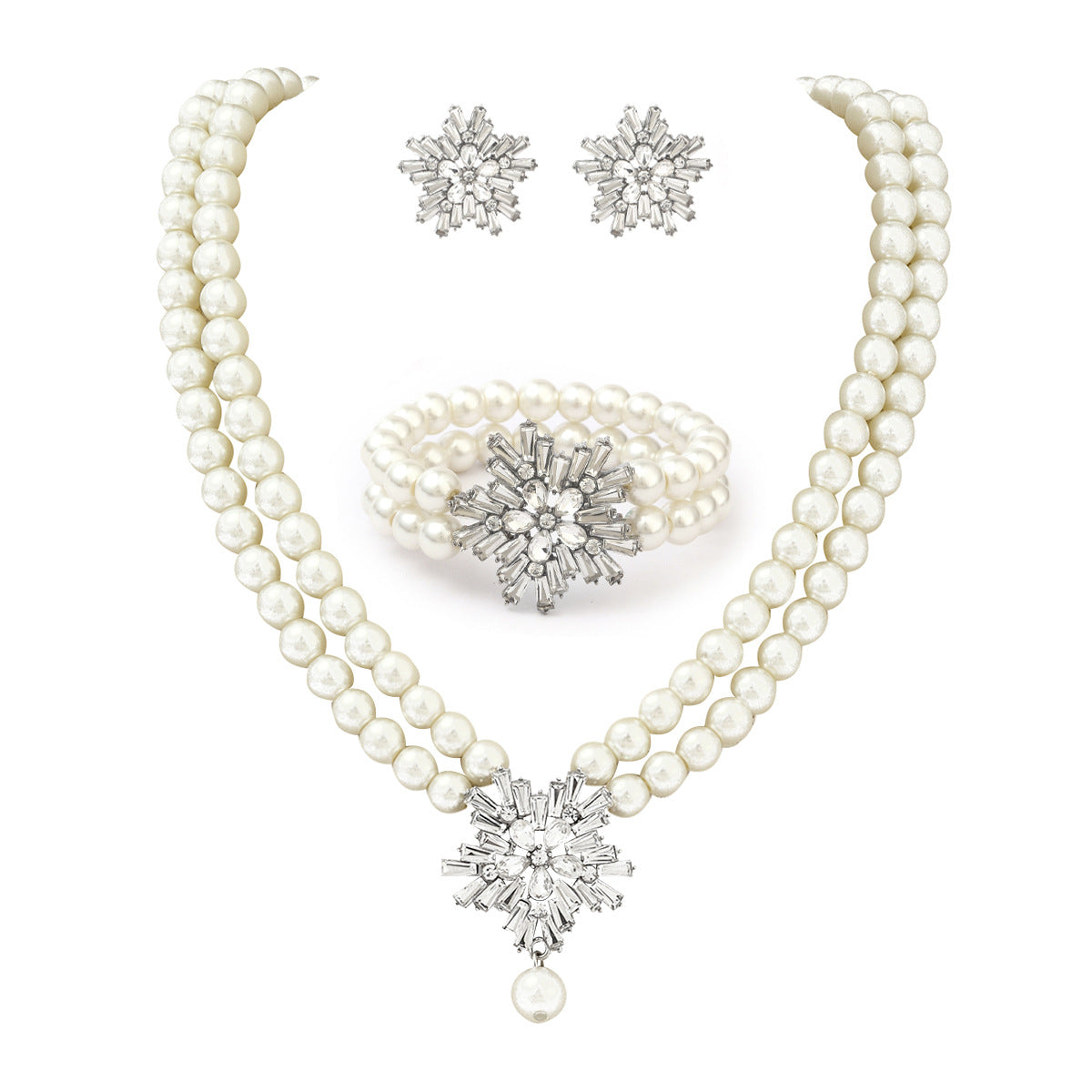 Minimalist Snowflake Pearl Necklace Set with Alloy Pendant and Rhinestone Accents for Women Includes O-Chain Necklace Earrings and Bracelet