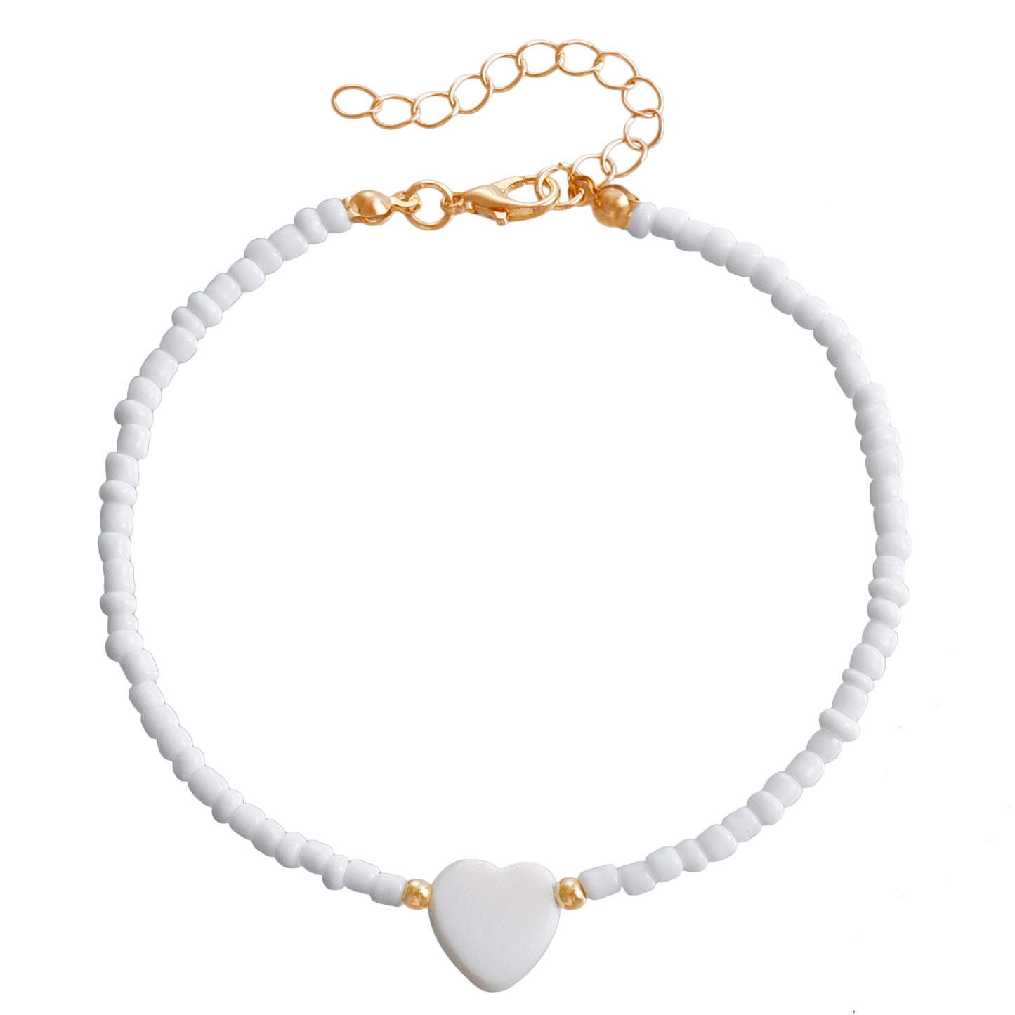 Bohemian Style Adjustable Anklet with Mother-of-Pearl Heart Charm and Colorful Seed Beads on Alloy Chain