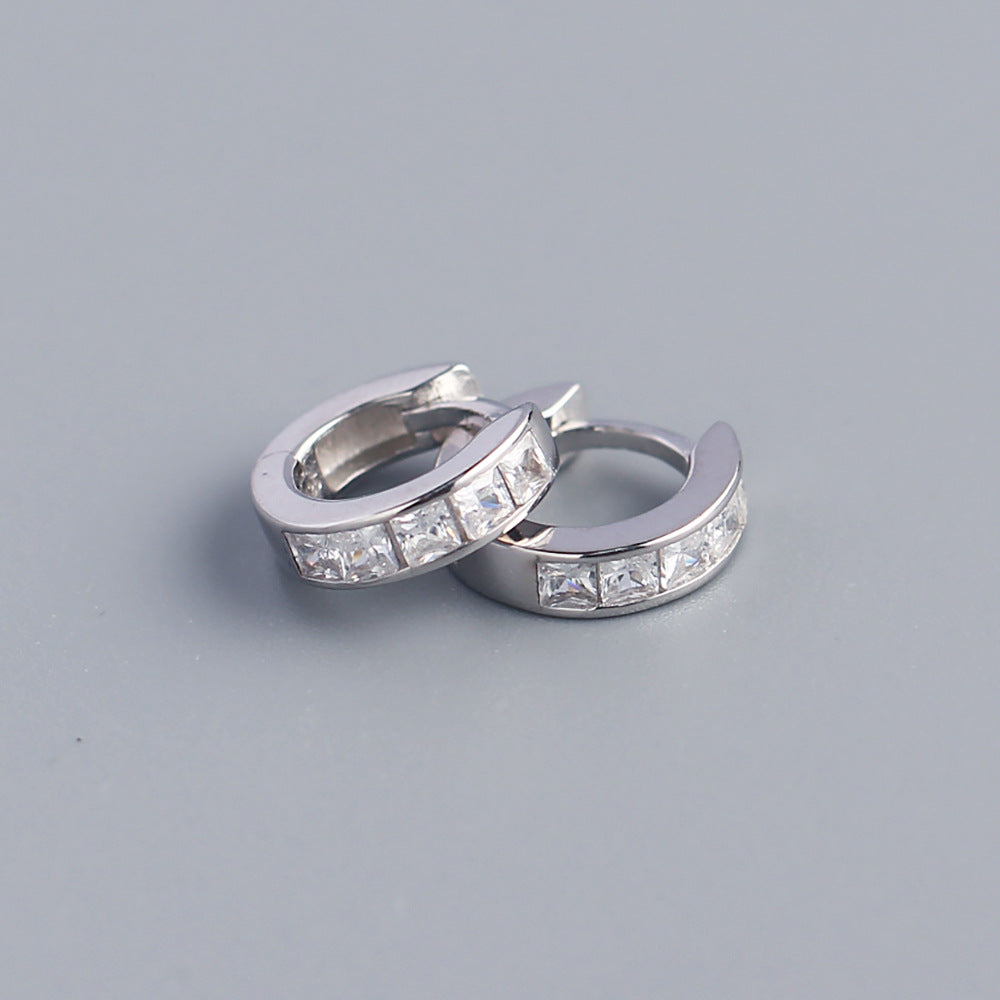 Minimalist 925 Sterling Silver Square Geometric Cubic Zirconia Inlay Hoop Earrings