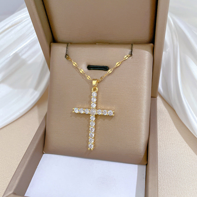 Minimalist Titanium Steel Cross Pendant Necklace with Zircon Inlay Geometric Design for Clavicle Wear Unisex Fashion Jewelry