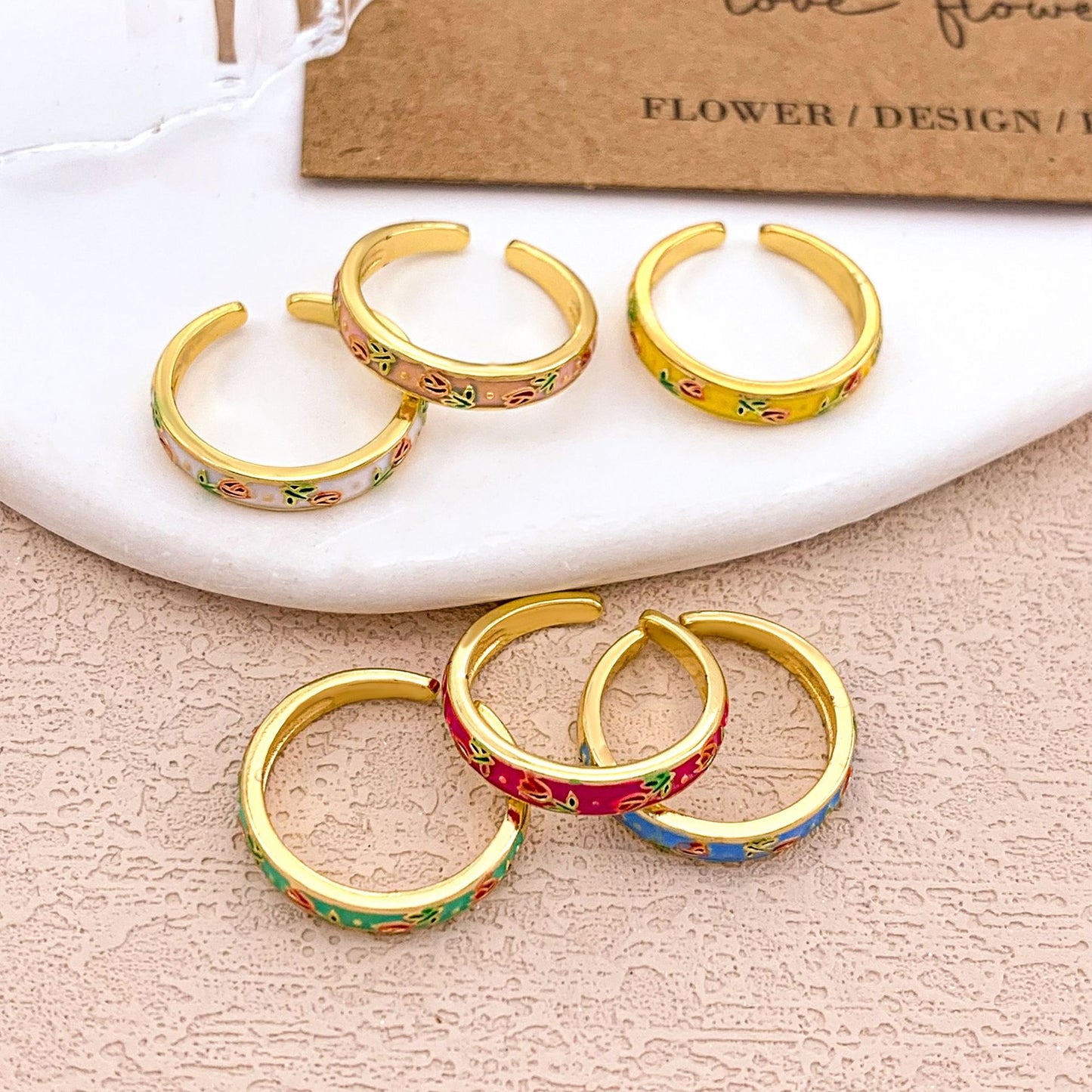 Minimalist Elegant Floral Enamel Plated Alloy Adjustable Ring for Women