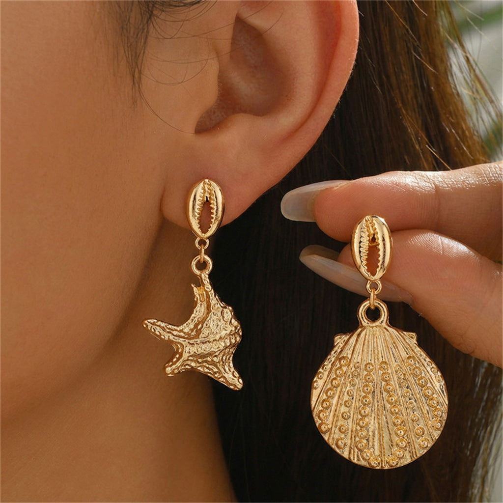 Vintage Geometric Starfish Shell Conch Pattern Plated Alloy Earrings for Women