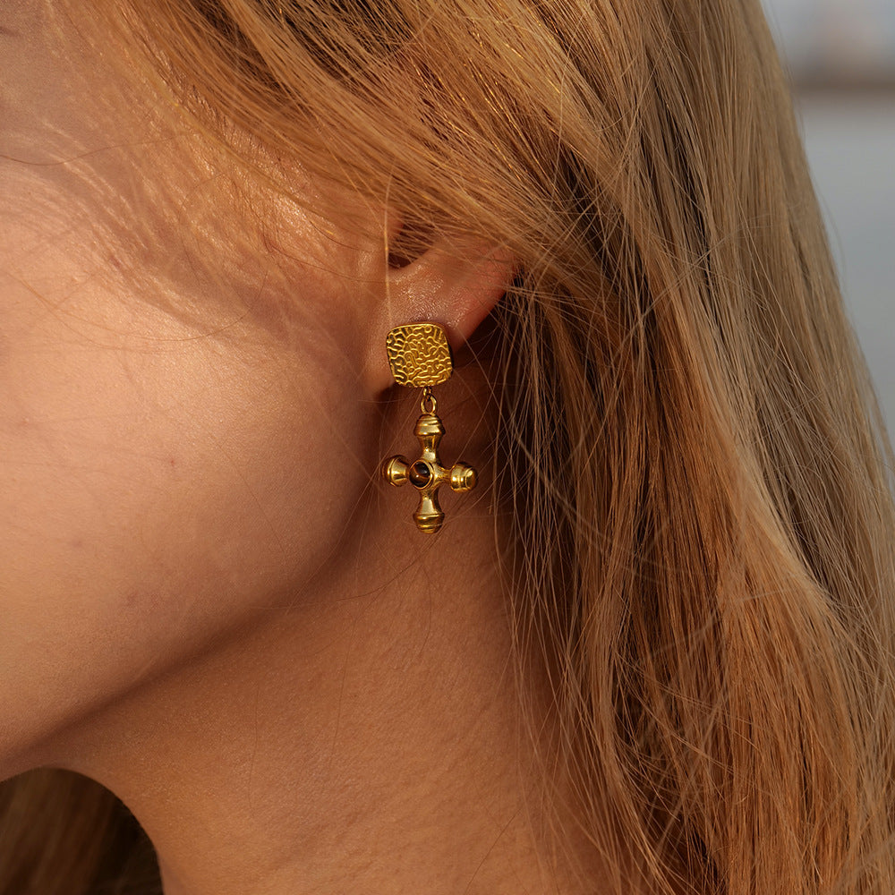 Fashion 18K Gold Plated Stainless Steel Cross Tiger Eye Stone Geometric Earrings for Women