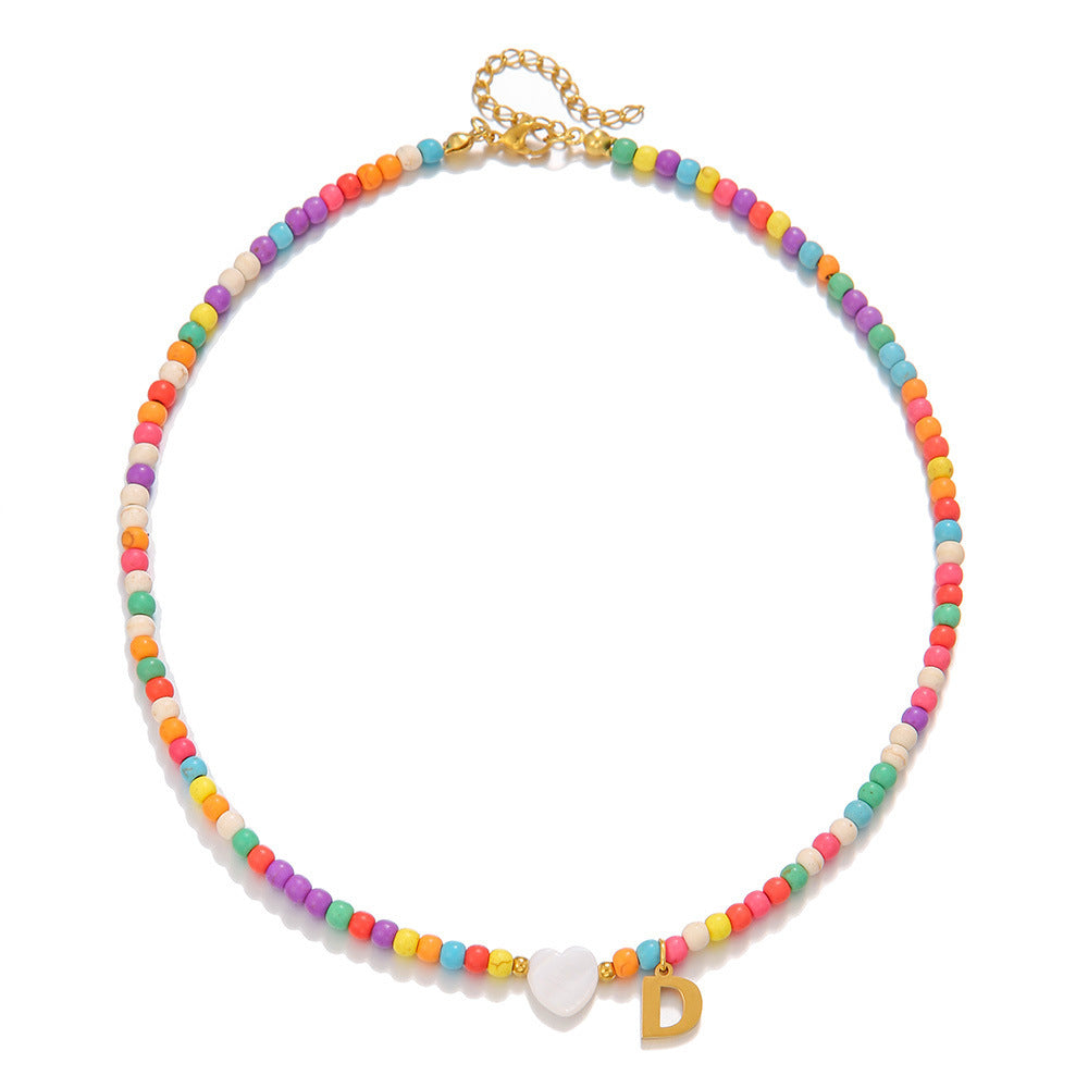 Fashion Stainless Steel Letter Heart Turquoise Charm Bar Necklace Cable Chain Unisex