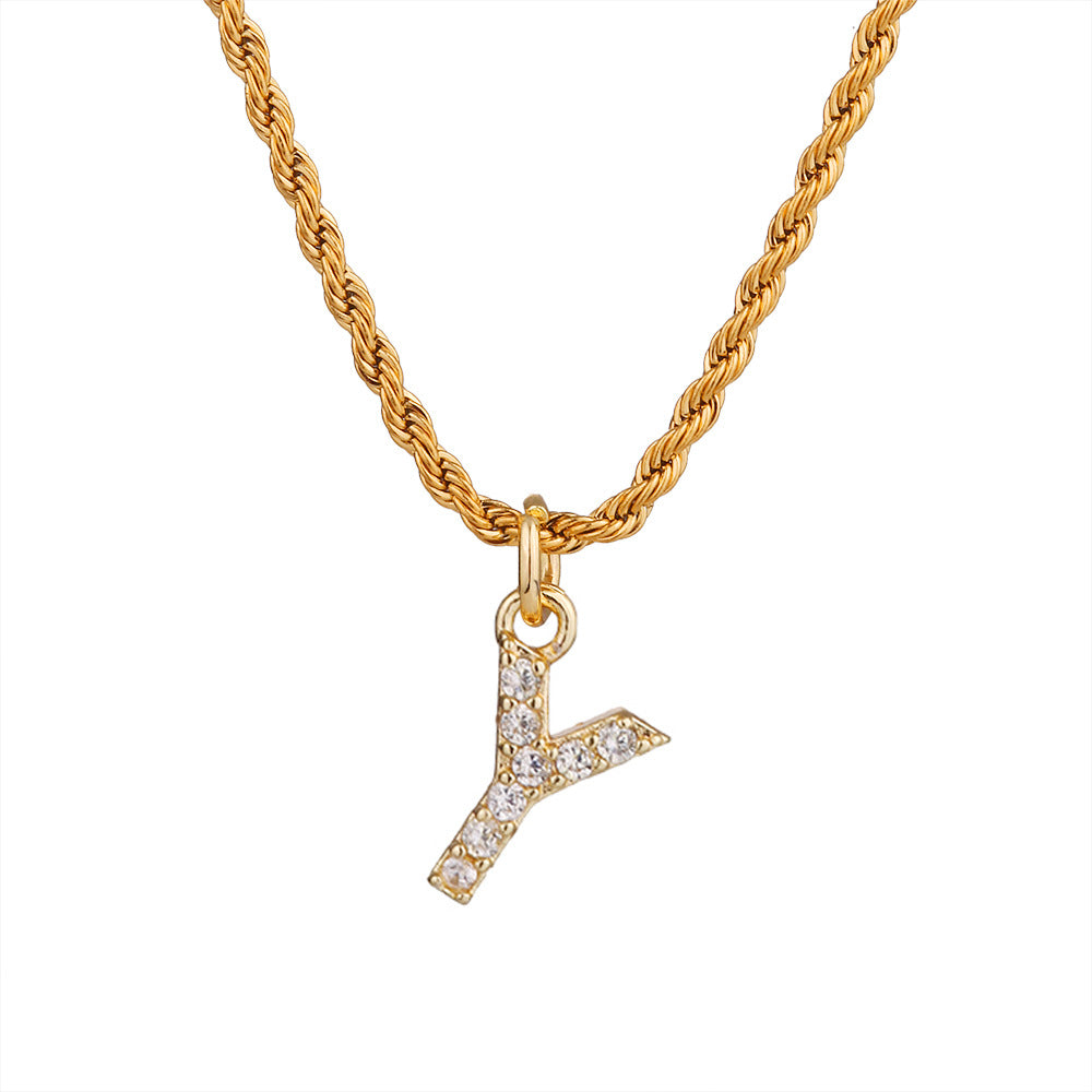 Collar con colgante de letra para mujer, minimalista, de moda, cadena trenzada de acero inoxidable con baño de oro e incrustaciones de circonita