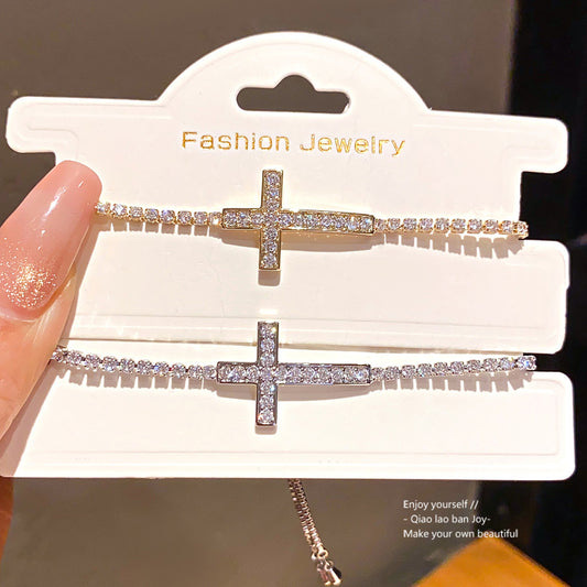 Minimalist Elegant Cross Cubic Zirconia Inlay Brass Bracelet for Women