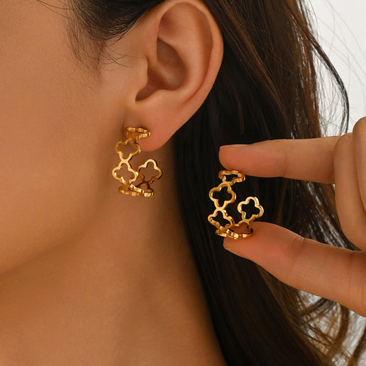 Eleganti Orecchini a Cerchio Floreali a Trifoglio Vuoto in Acciaio Inossidabile Placcato Oro 18K da Donna
