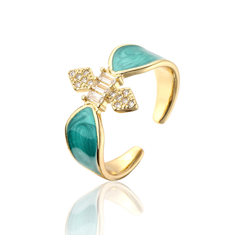 INS Style Geometric Open Ring for Women Made of Copper with 18K Gold Plating Micro-Pave Zirconia and Enamel Finish