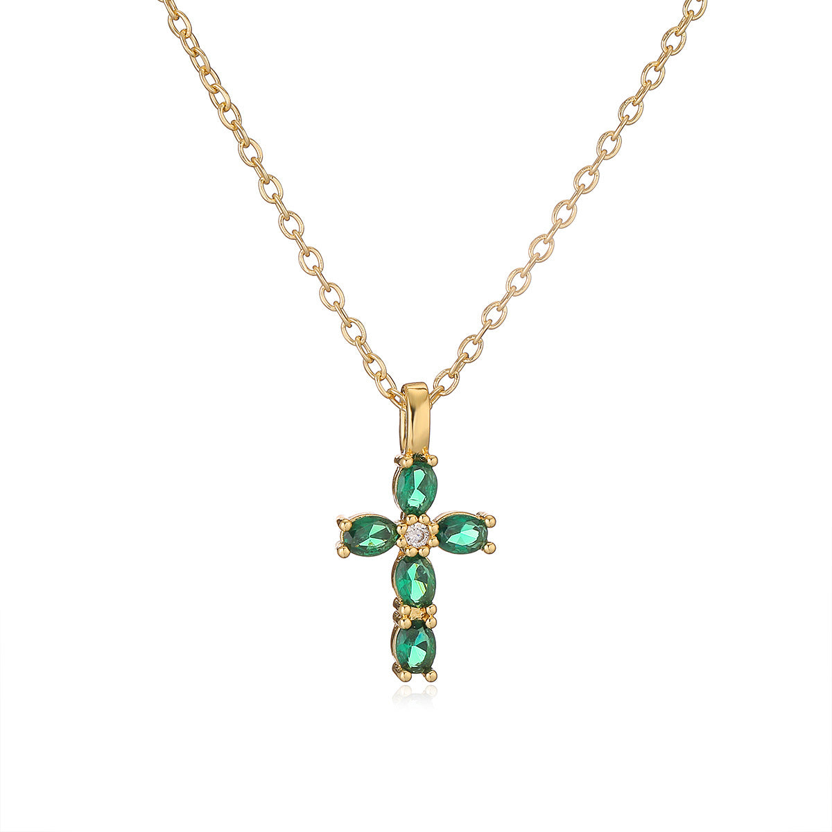 Minimalist 18K Gold Plated Brass Cross Pendant Necklace with Cubic Zirconia for Women
