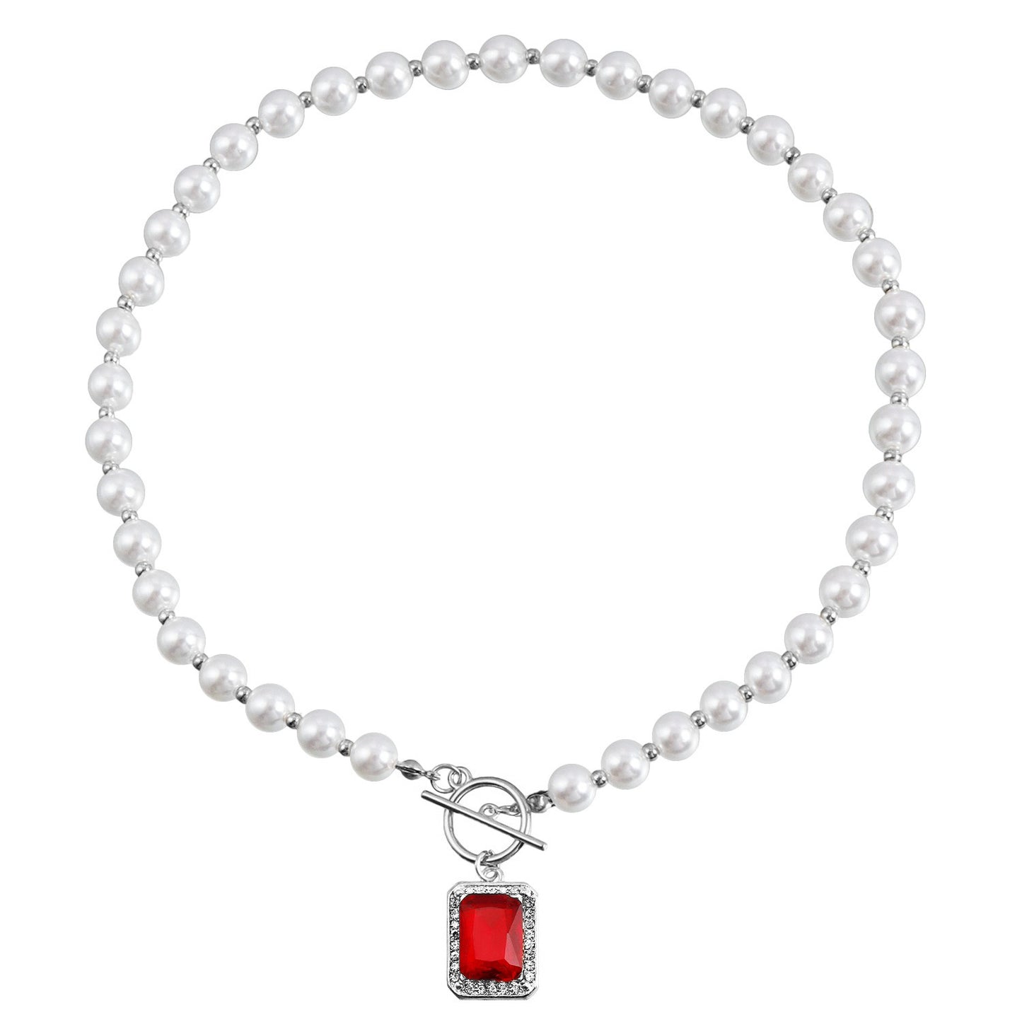 Fashion Minimalist Geometric Rectangle Pearl-Style Pendant Necklace with Rhinestone Accents on Clavicle Chain