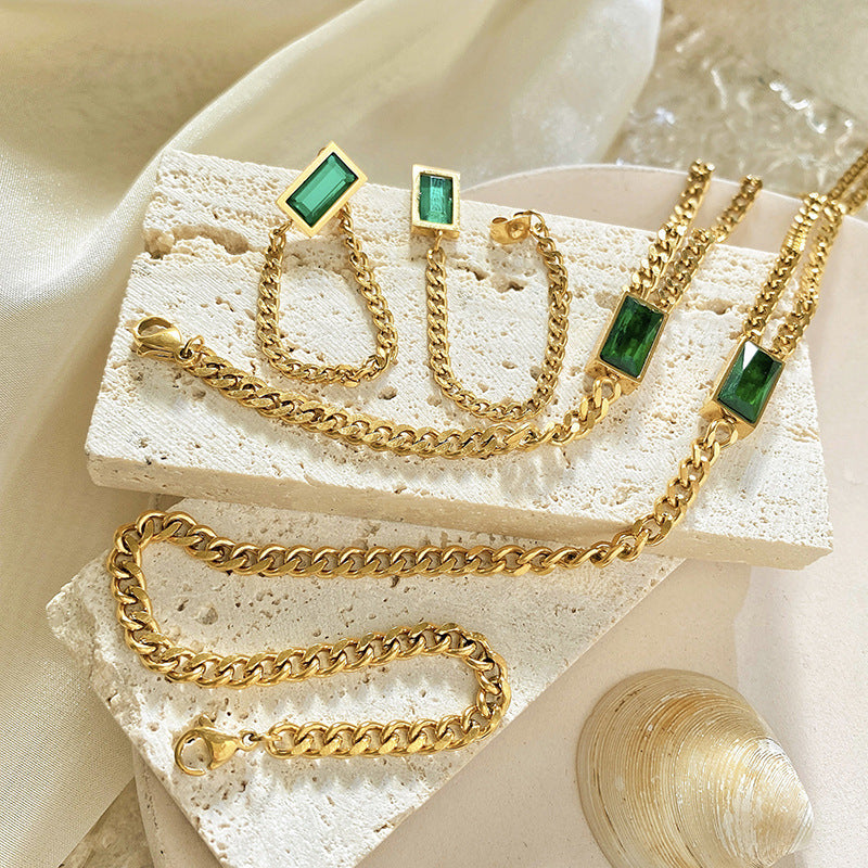 Green Cubic Zirconia Geometric Titanium Steel Plated Layered Necklace Set