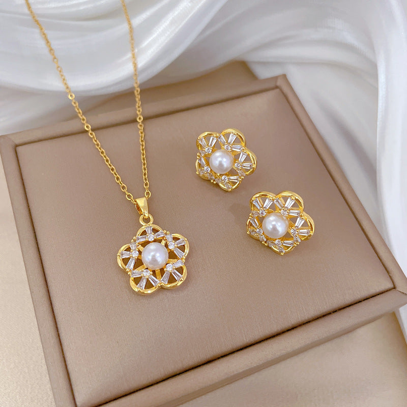 Luxury Fresh and Sweet Plated Brass Zircon Micro-Pave Earrings and Necklace Set
