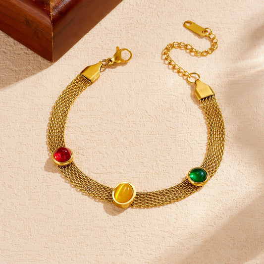 Vintage Gold Plated Mesh Chain Oval Geometric Resin Stainless Steel Bracelet for Women