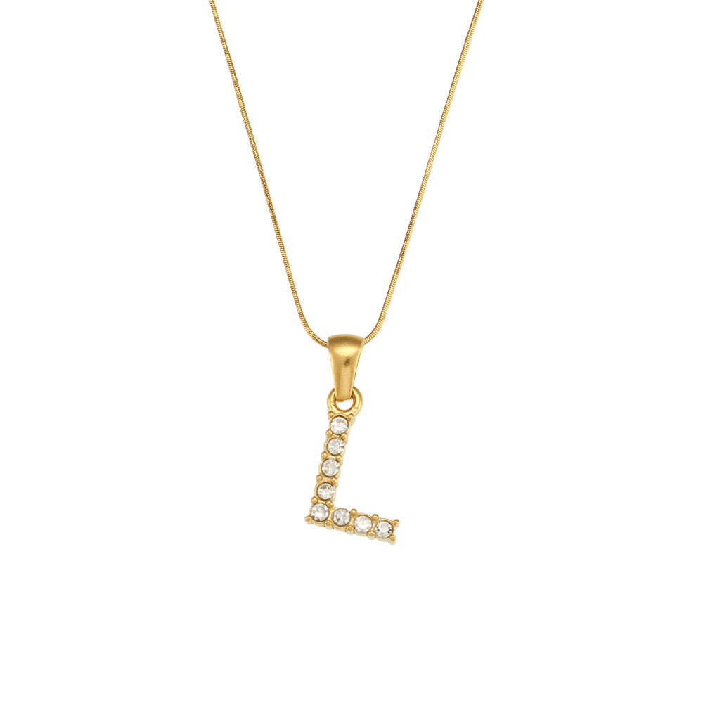 Fashion Minimalist Letter Pendant Necklace in Stainless Steel with 18K Gold Plating and Cubic Zirconia on Thin Snake Chain for Women