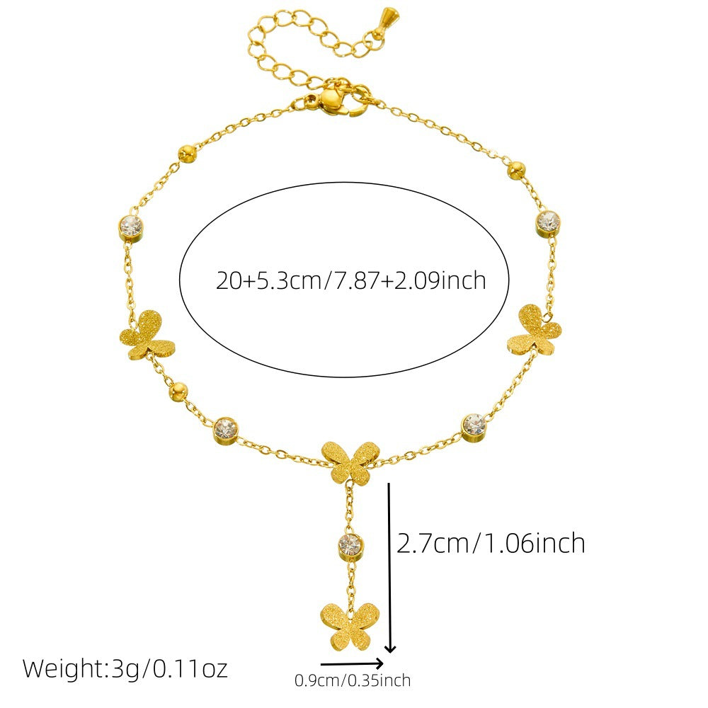 Minimalist Casual Gold Plated Stainless Steel Rhinestone Heart Butterfly Flower Tassel Anklet for Women