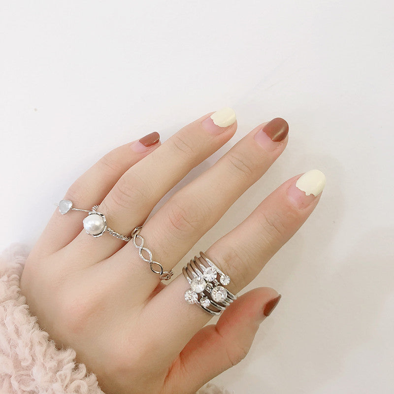 Set di Anelli da Donna Minimalisti in Lega Geometrica in Stile Francese con Strass e Perle